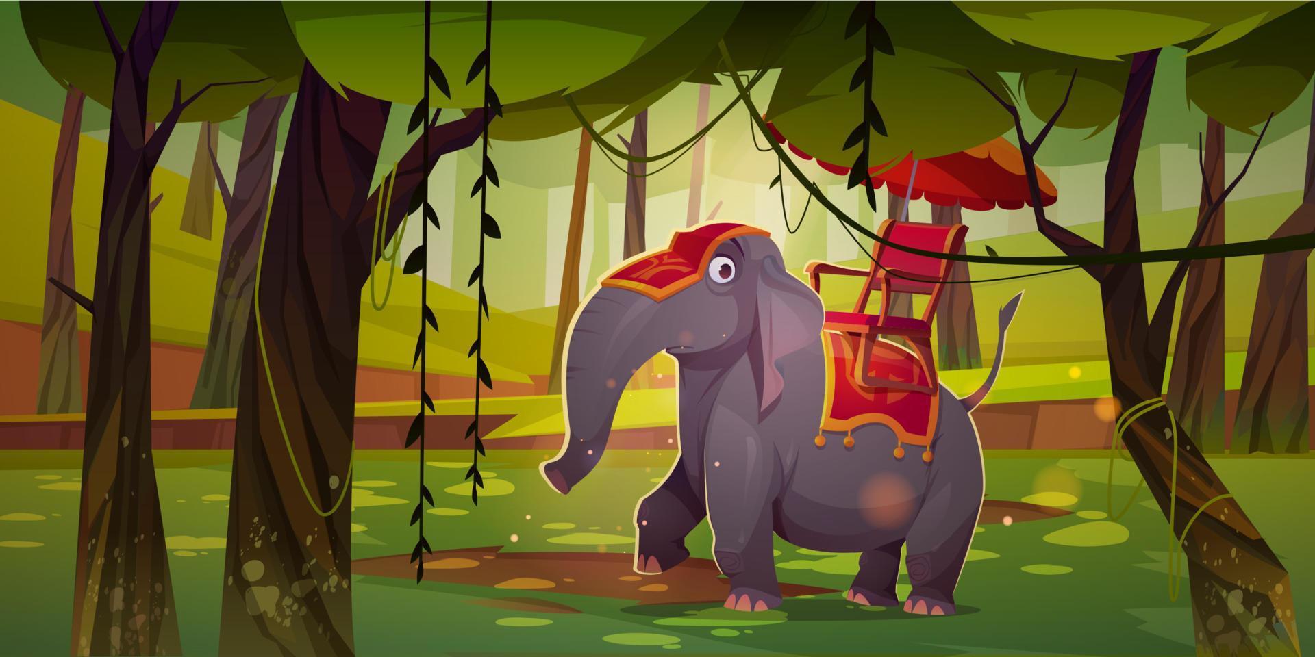 Indian elephant with howdah and umbrella in jungle vector