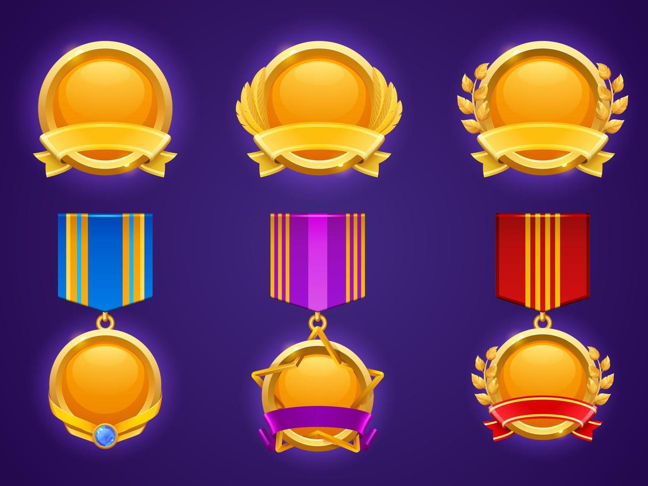 Set of game level ui icons, empty golden medals vector