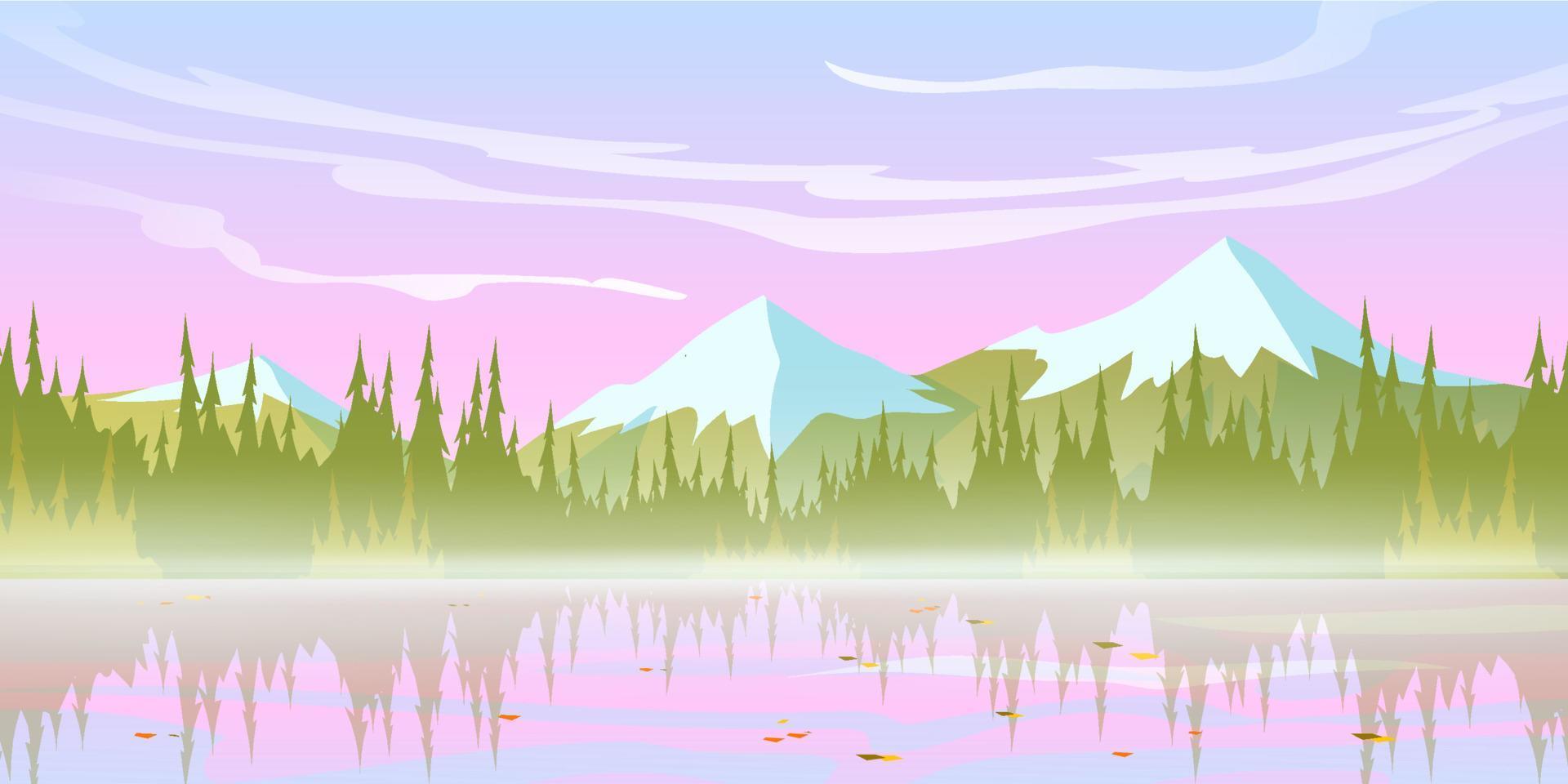 hermoso paisaje de montaña, temprano en la mañana rosa vector