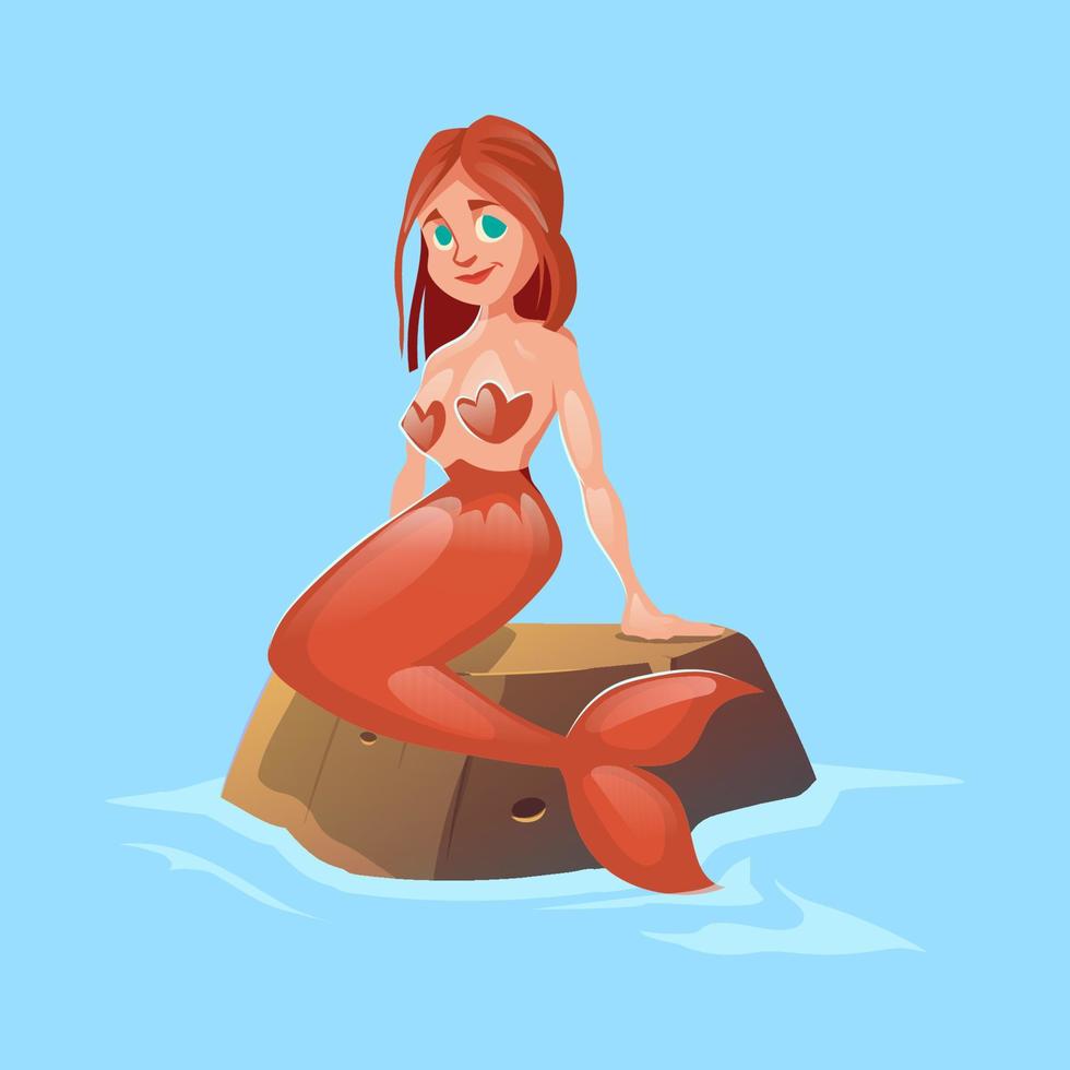 Beautiful mermaid girl sitting on stone in water vector