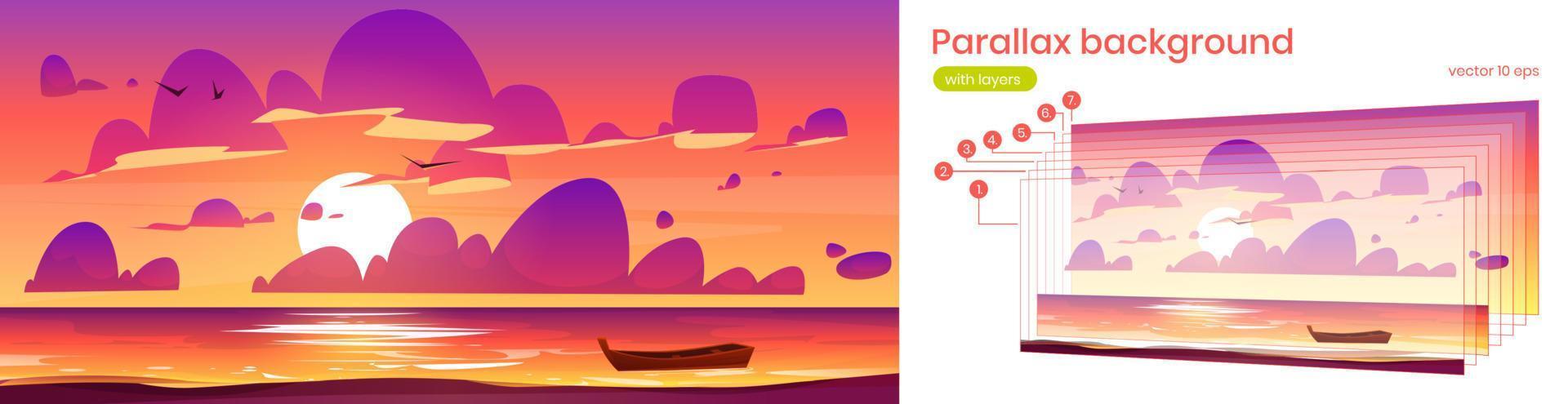 fondo de paralaje con paisaje marino al atardecer vector