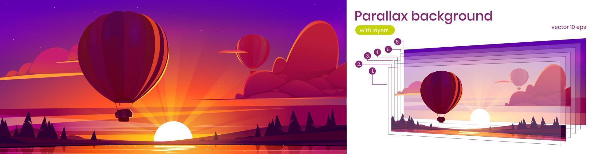 Parallax background with hot air balloon fly vector