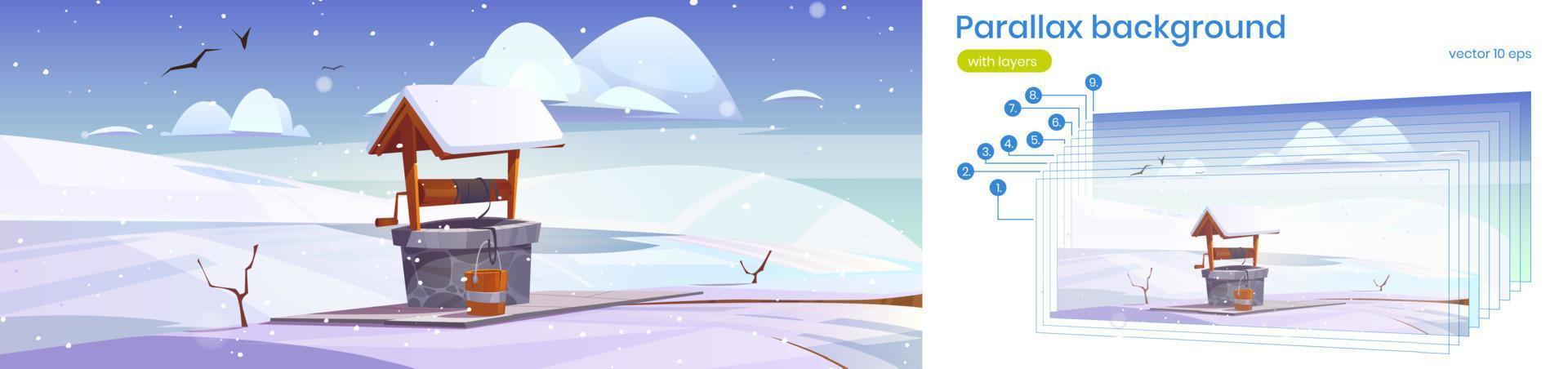 Parallax background winter 2d landscape stone well vector