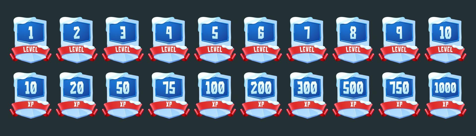 Ice badges with level number and xp for game vector