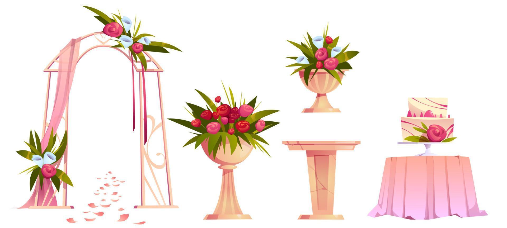 decoración de bodas con arco floral y pastel vector