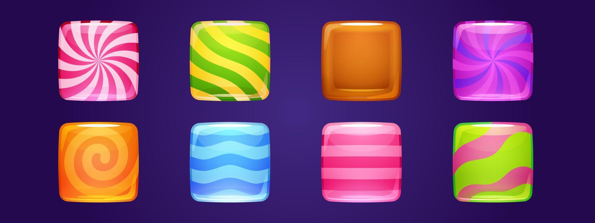 Set of candy app icons, game ui square buttons vector