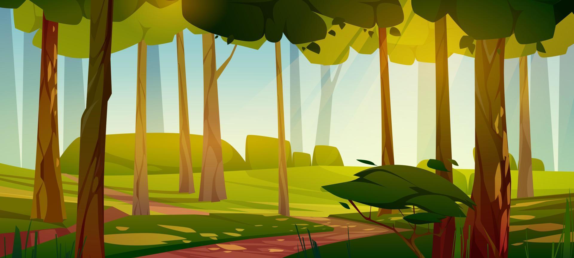 Summer forest with path, green grass and trees vector