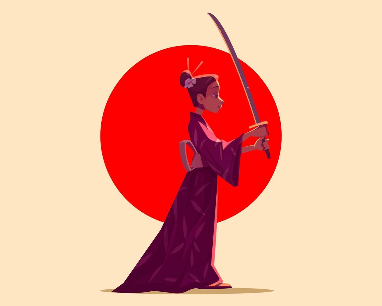 Japanese geisha wear kimono holding samurai sword vector