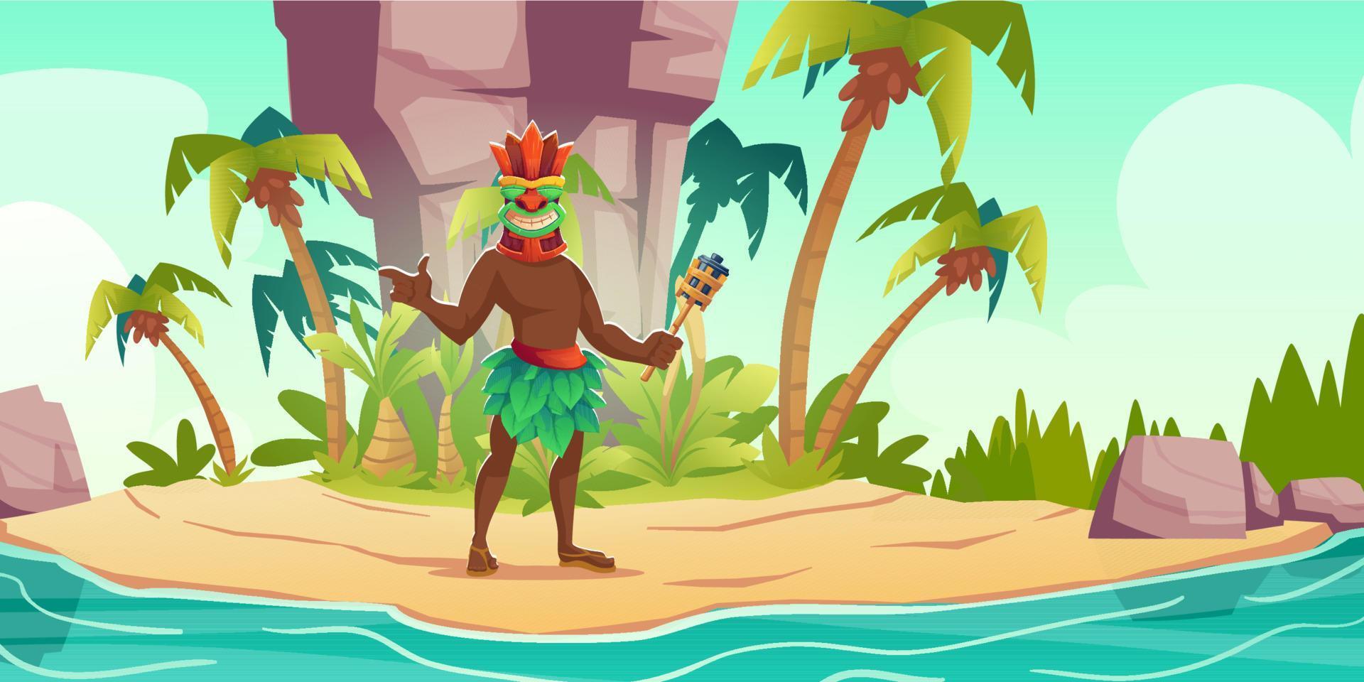 Tiki man in mask holding torch in hand on island vector