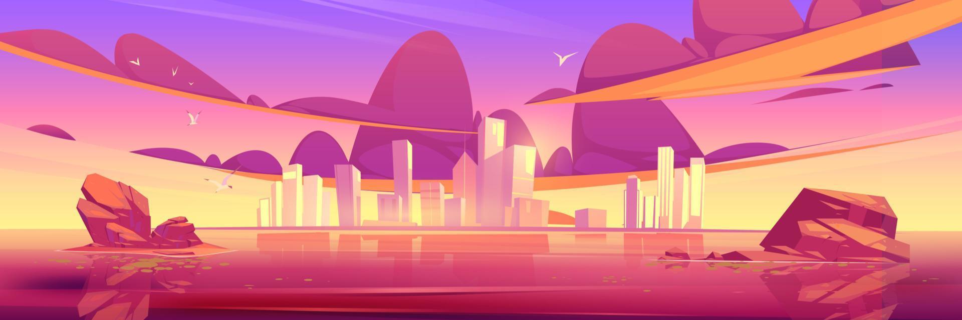 arquitectura del horizonte de la ciudad al atardecer cerca del paseo marítimo vector