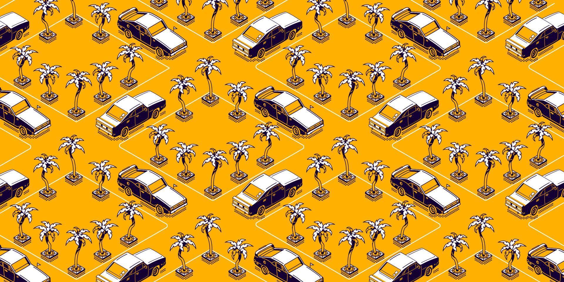Isometric cars on street with palm trees vector