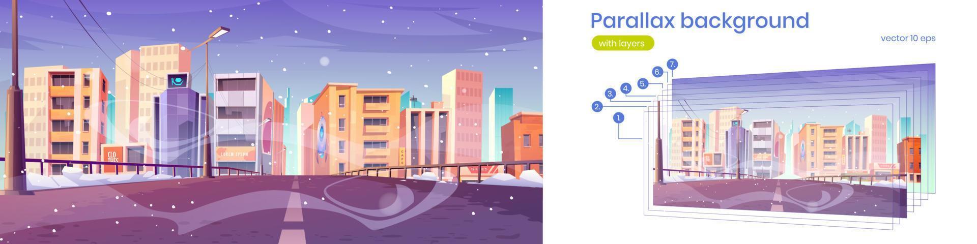 Parallax background winter bridge city view street vector