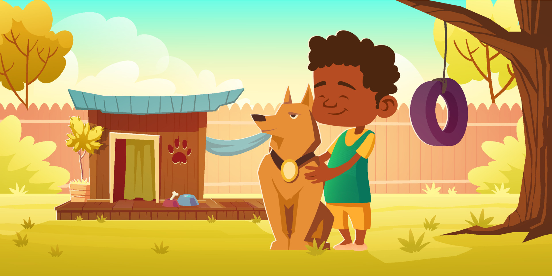 Boy and dog on backyard with canine kennel 14071161 Vector Art at Vecteezy