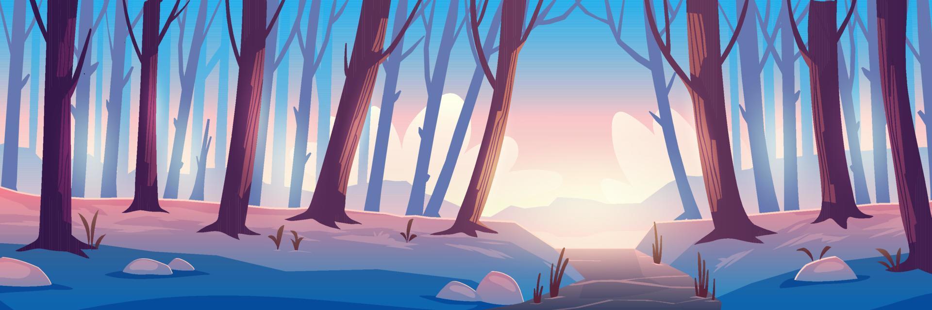 bosque de invierno con río congelado, árboles y nieve vector