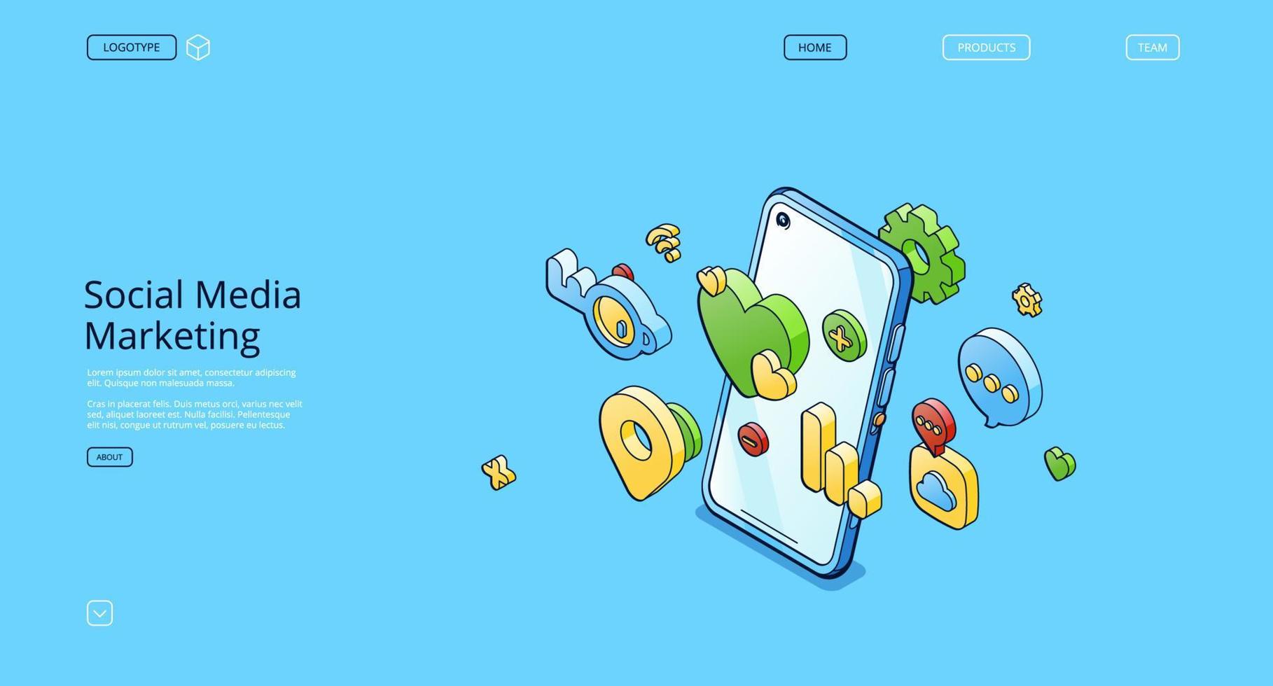 Social media marketing banner with isometric phone vector