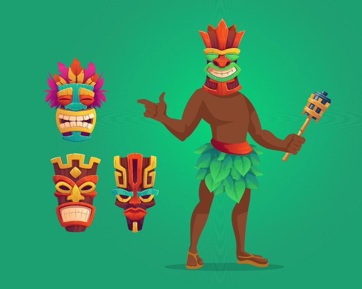 Tiki man with torch and masks, wooden totems set vector