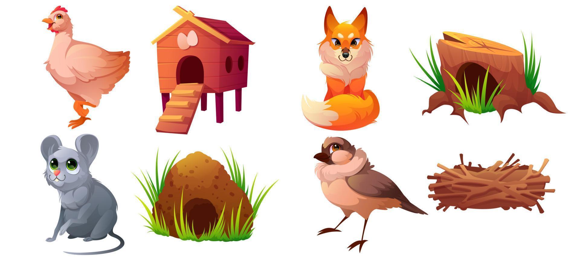 Set of pets, domestic or wild animals and homes vector