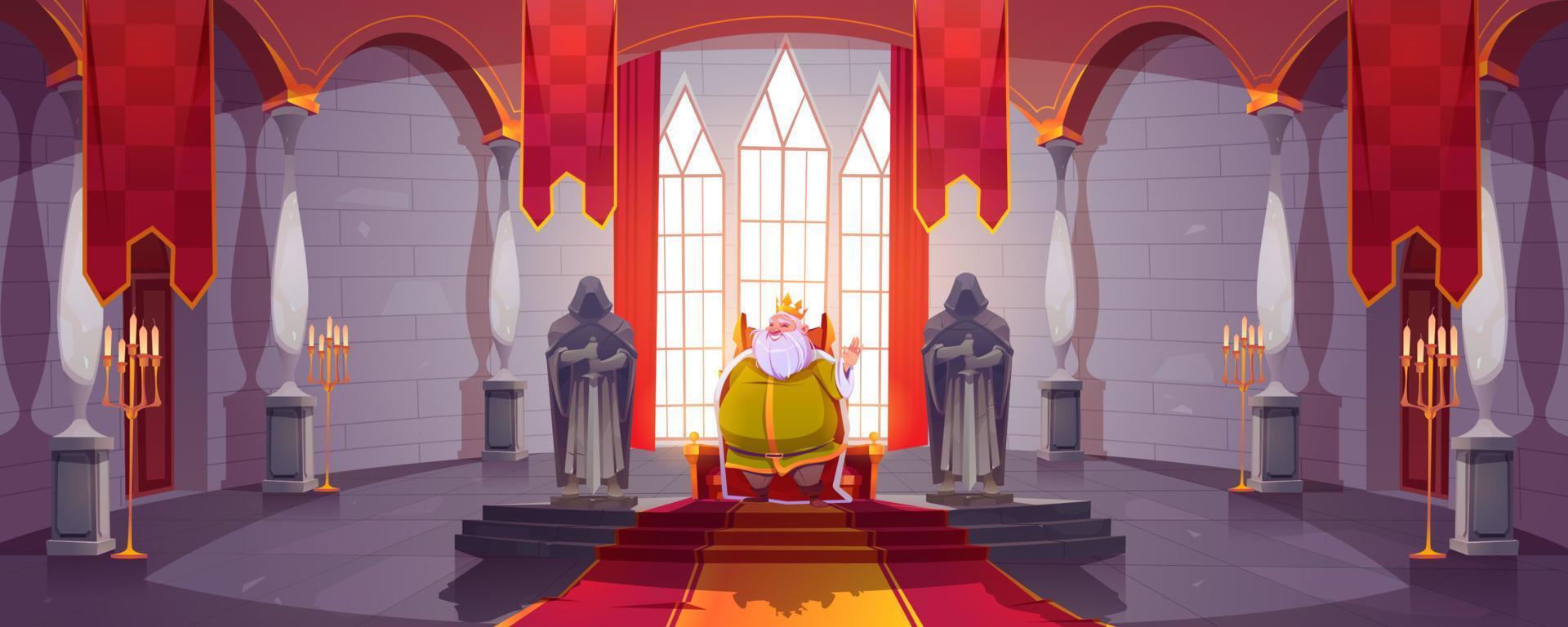 King in gold crown on throne in medieval castle vector