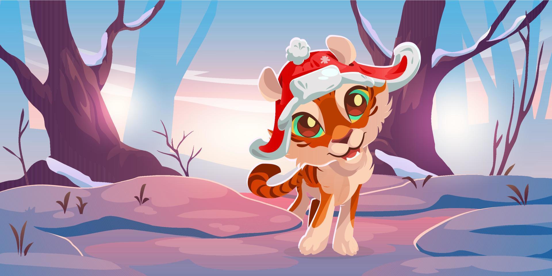 Cute tiger in red hat in winter forest vector