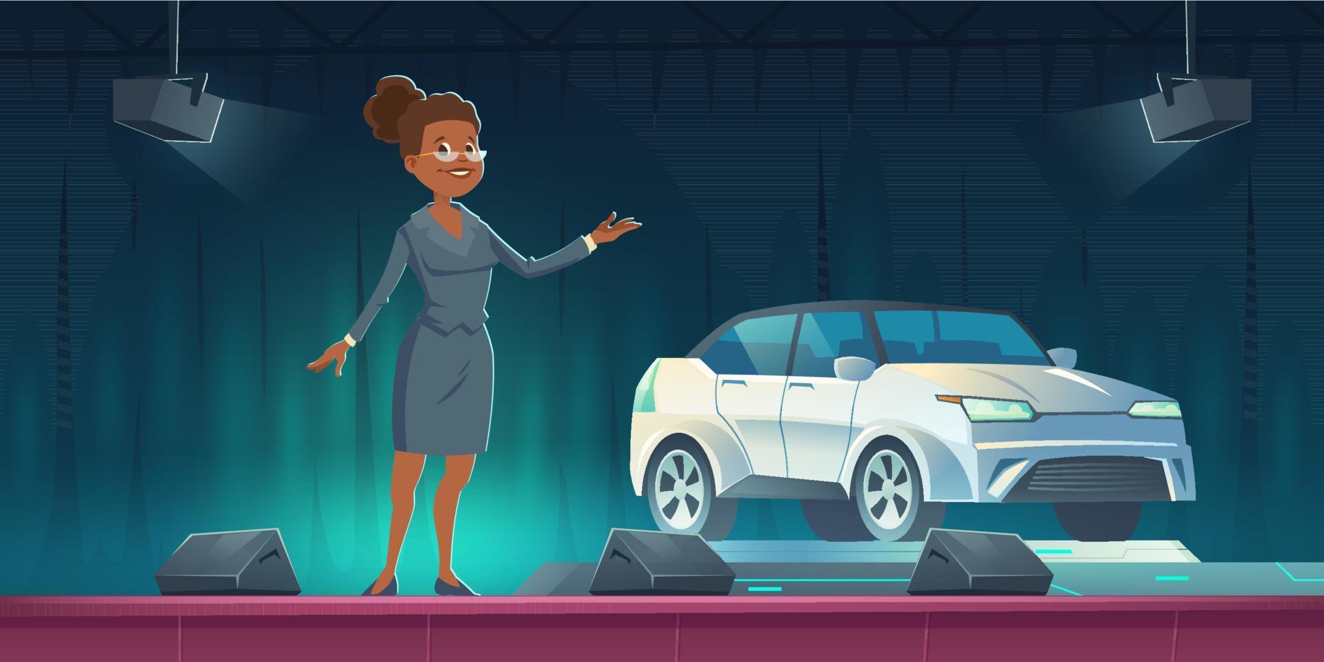 Car seller presenting modern automobile on stage vector