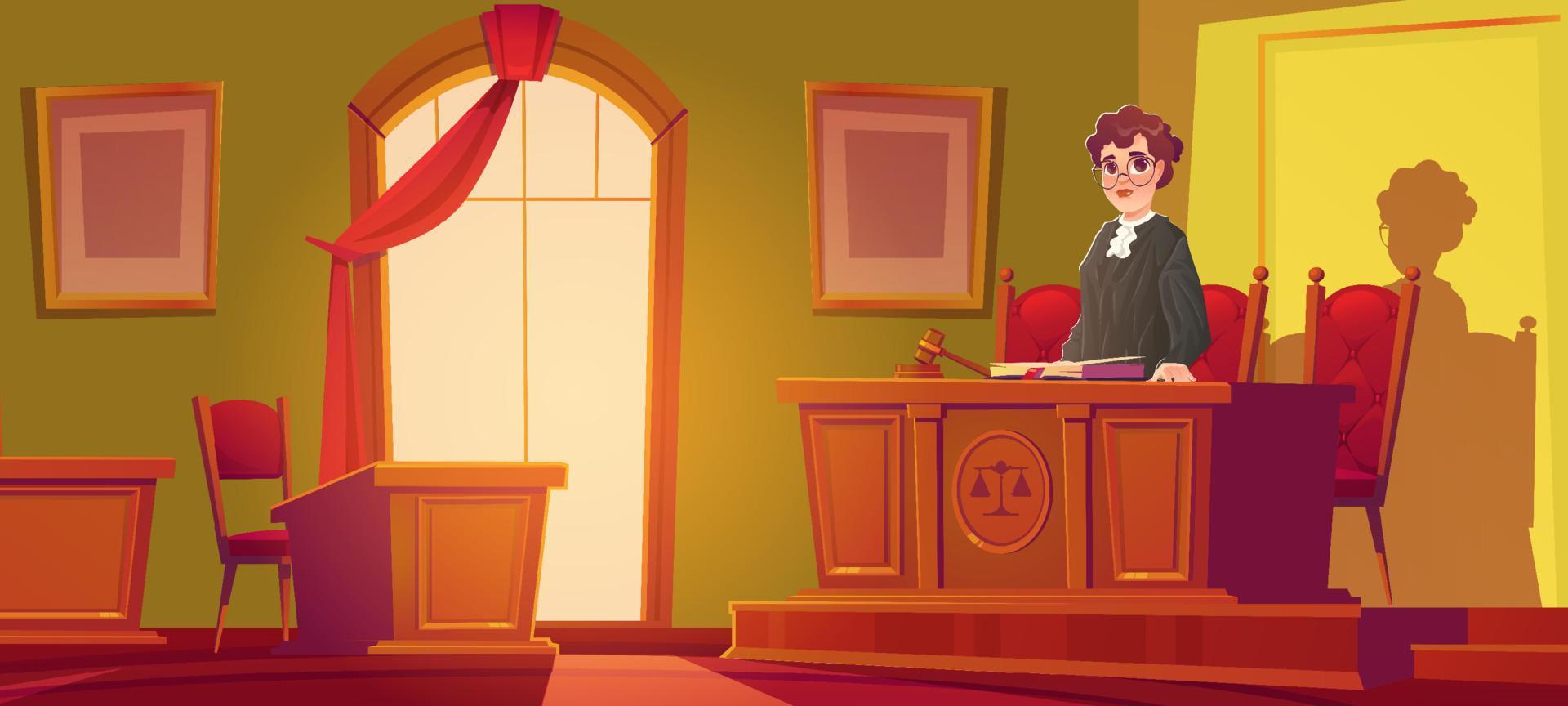 mujer jueza en la sala del tribunal con martillo y documentos vector