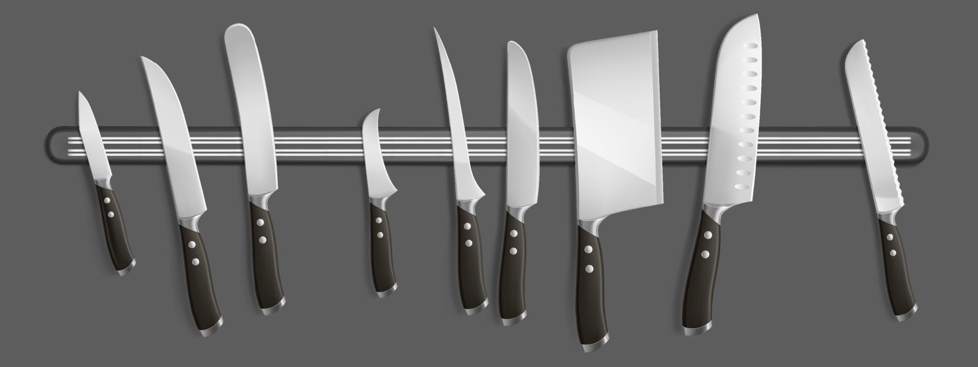 Magnetic holder with kitchen knives, chef hatchets vector