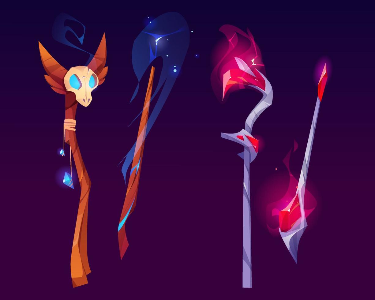 Set of magic wands, wizard staffs or witch sticks vector