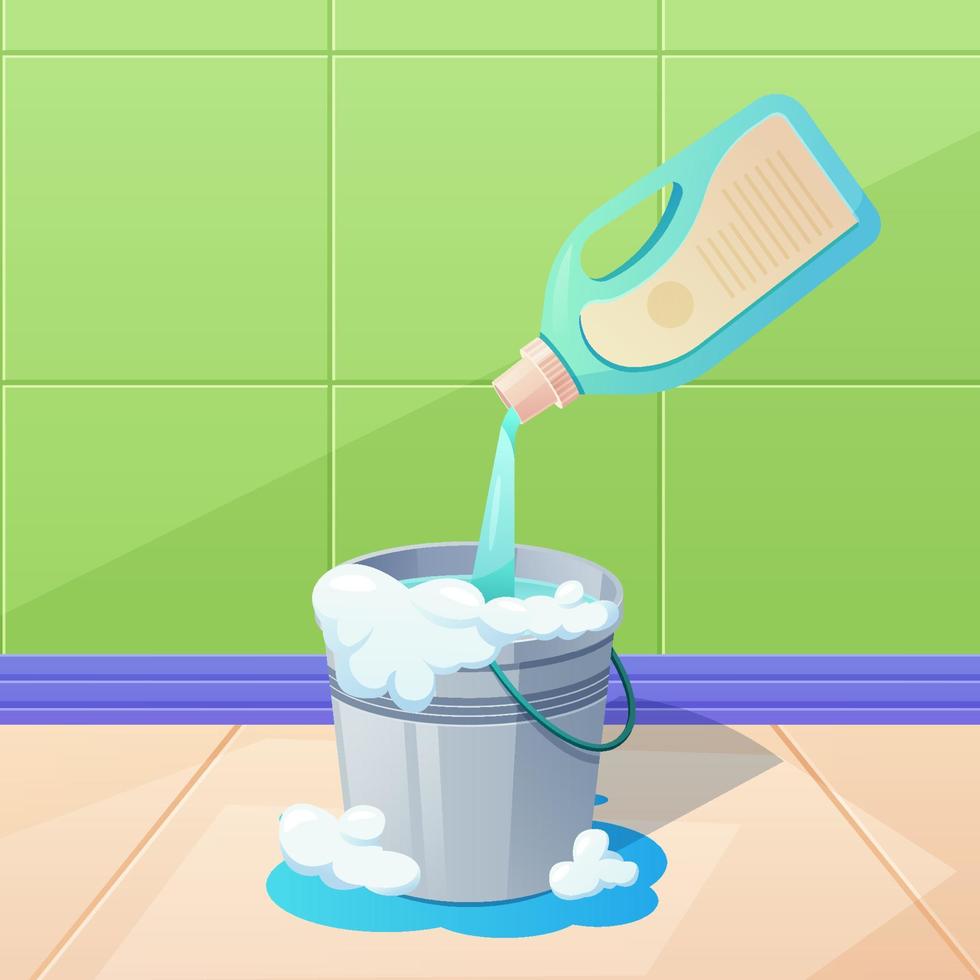 illustration of putting floor cleaner in a bucket vector