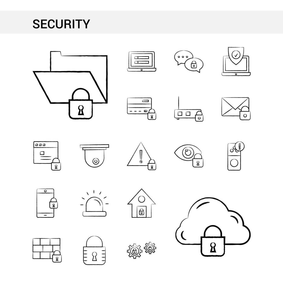 estilo de conjunto de iconos dibujados a mano de seguridad aislado en vector de fondo blanco