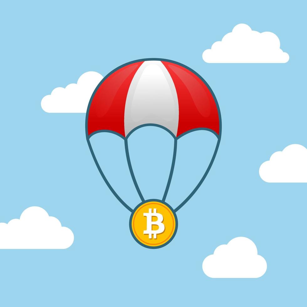 criptomoneda de lanzamiento aéreo. paracaídas con bitcoin en el cielo azul vector