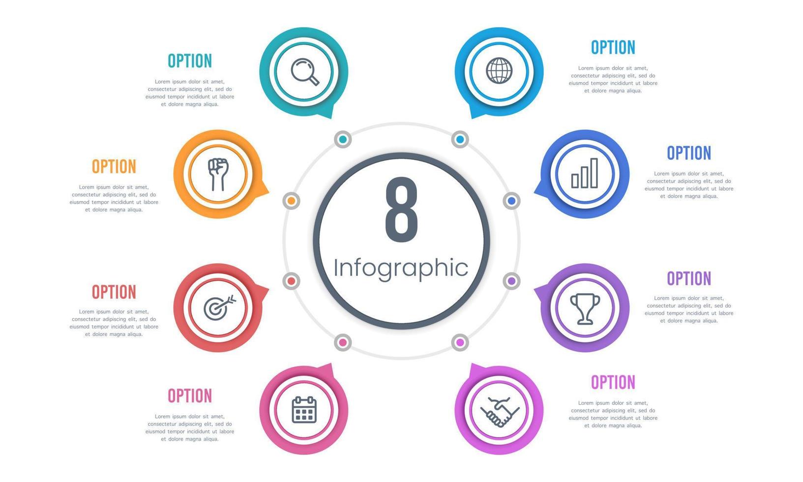 diagrama del proceso. infográfico 8 opciones proceso de negocio colorido. vector