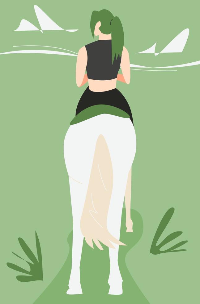 back view girl riding a white horse. suitable for human and animal themes, vehicles, equestrian, horse racing, etc. flat vector illustration