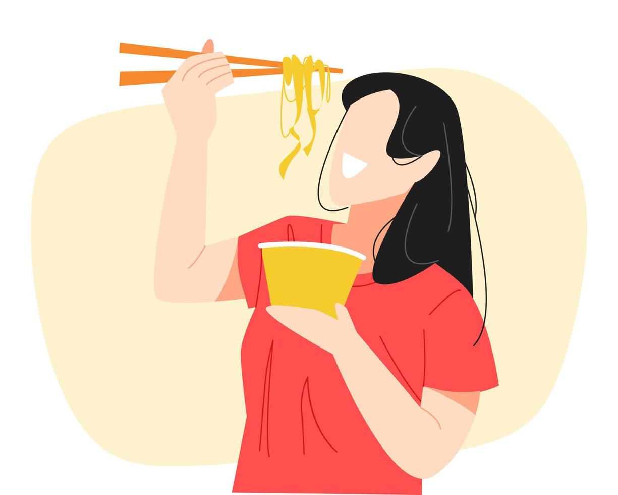 illustration of girl eating noodle with chopsticks. suitable for food theme, delicious, ramen, hobby, etc. flat vector illustration