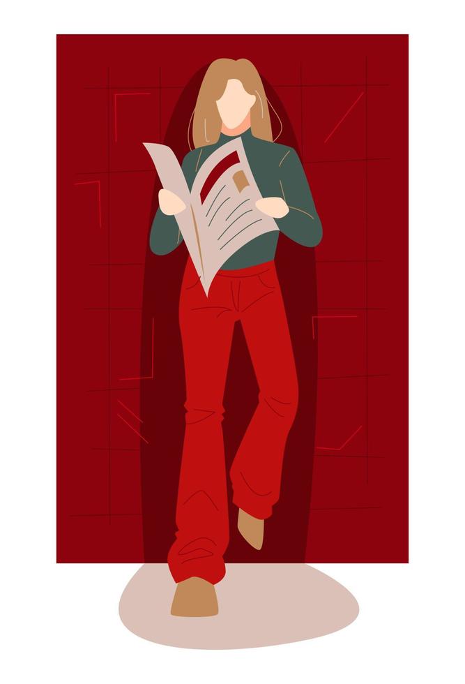 woman reading newspaper while leaning against wall. suitable for the theme of reading, work, hobbies, activities, etc. flat vector illustration