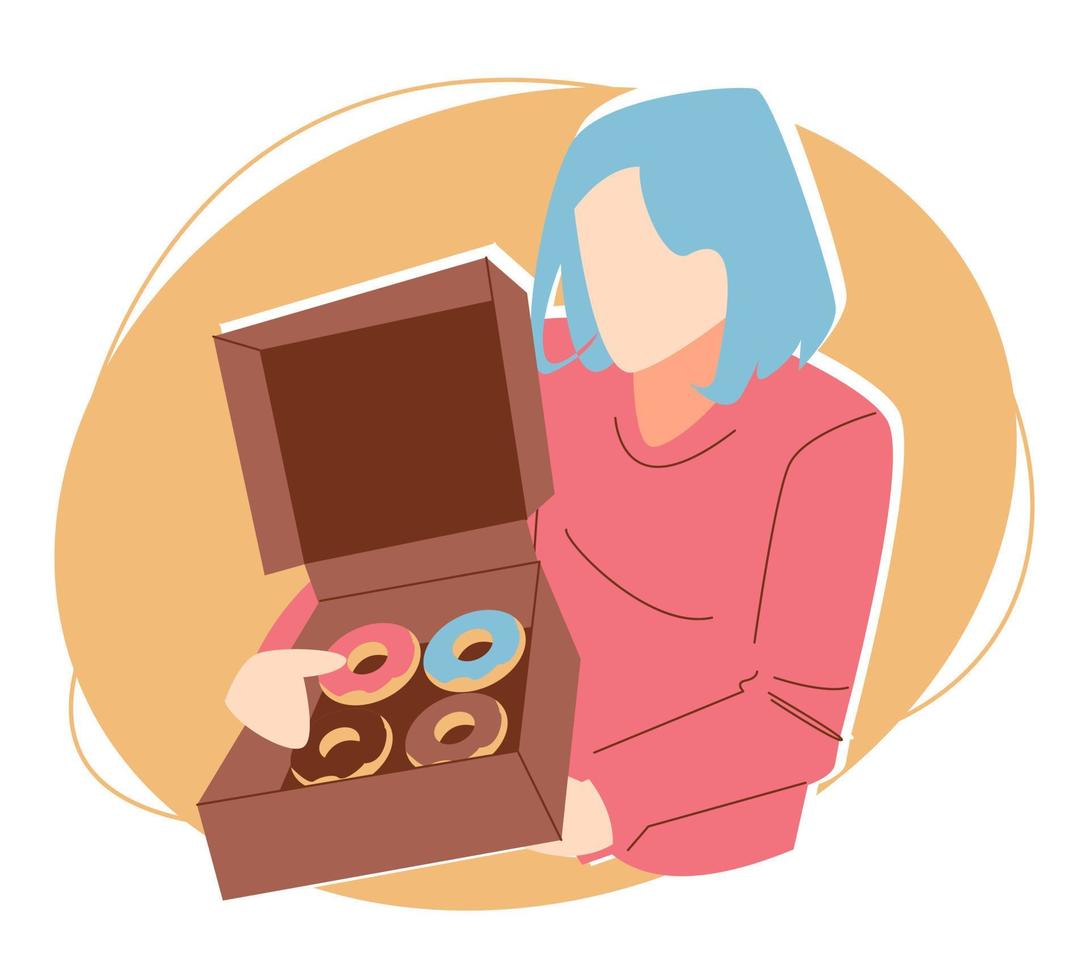 ilustración de una chica abriendo y sosteniendo una caja que contiene muchos donuts. donas de varios sabores. concepto de comida, snack, delicioso, etc. ilustración vectorial plana vector