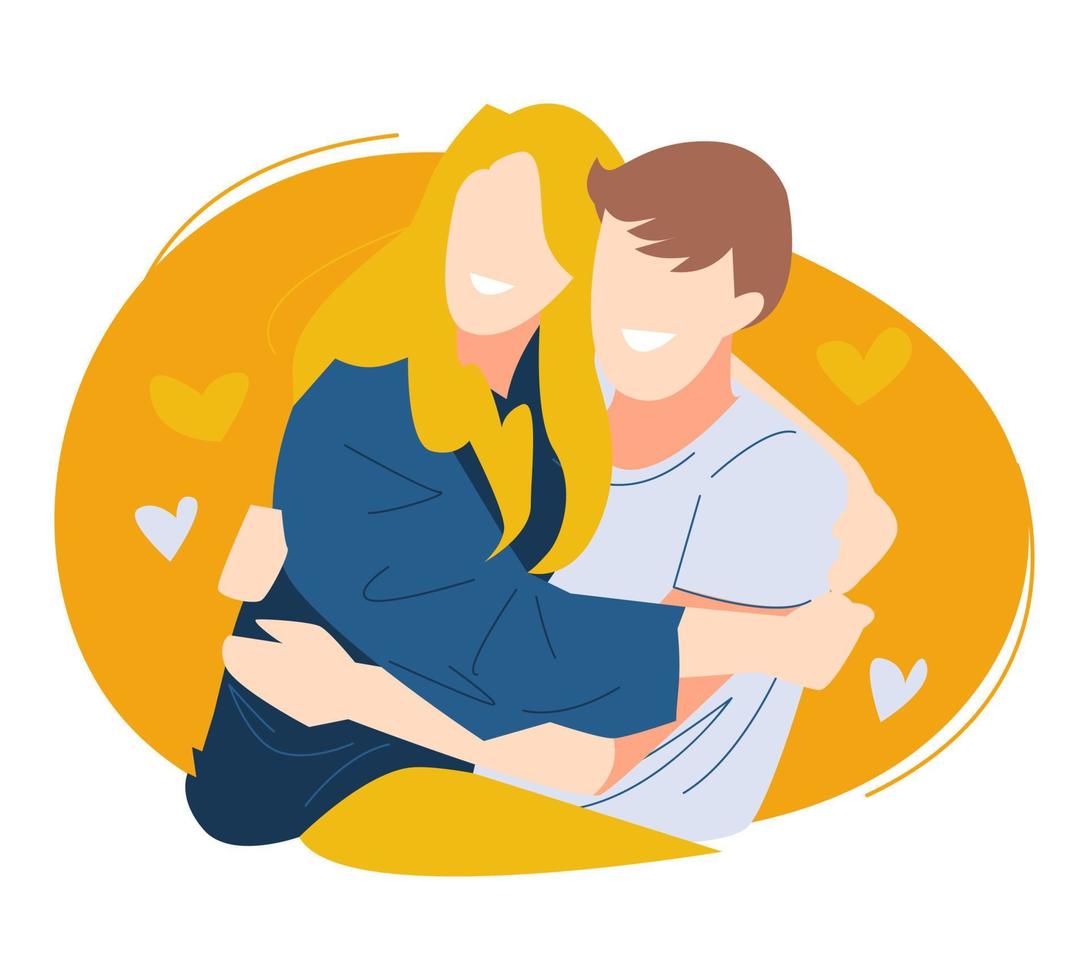 pareja de hombre y mujer se abrazan con una sonrisa feliz. adecuado para el tema del amor, la relación, el marido y la mujer, etc. ilustración vectorial plana vector