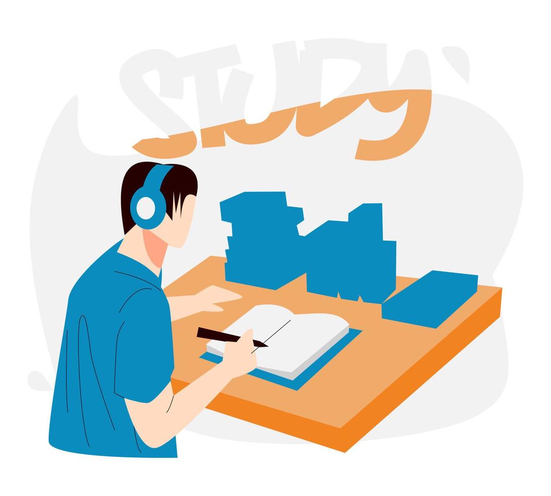 illustration of a man writing a book while listening to music with headphone. table full of books. cool study typography. smart, hardworking. suitable for school, study, work, hobby, etc. flat design vector