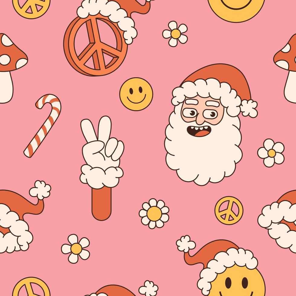 Groovy hippie Christmas seamless pattern. Santa Claus, smile, peace in trendy retro cartoon style. vector