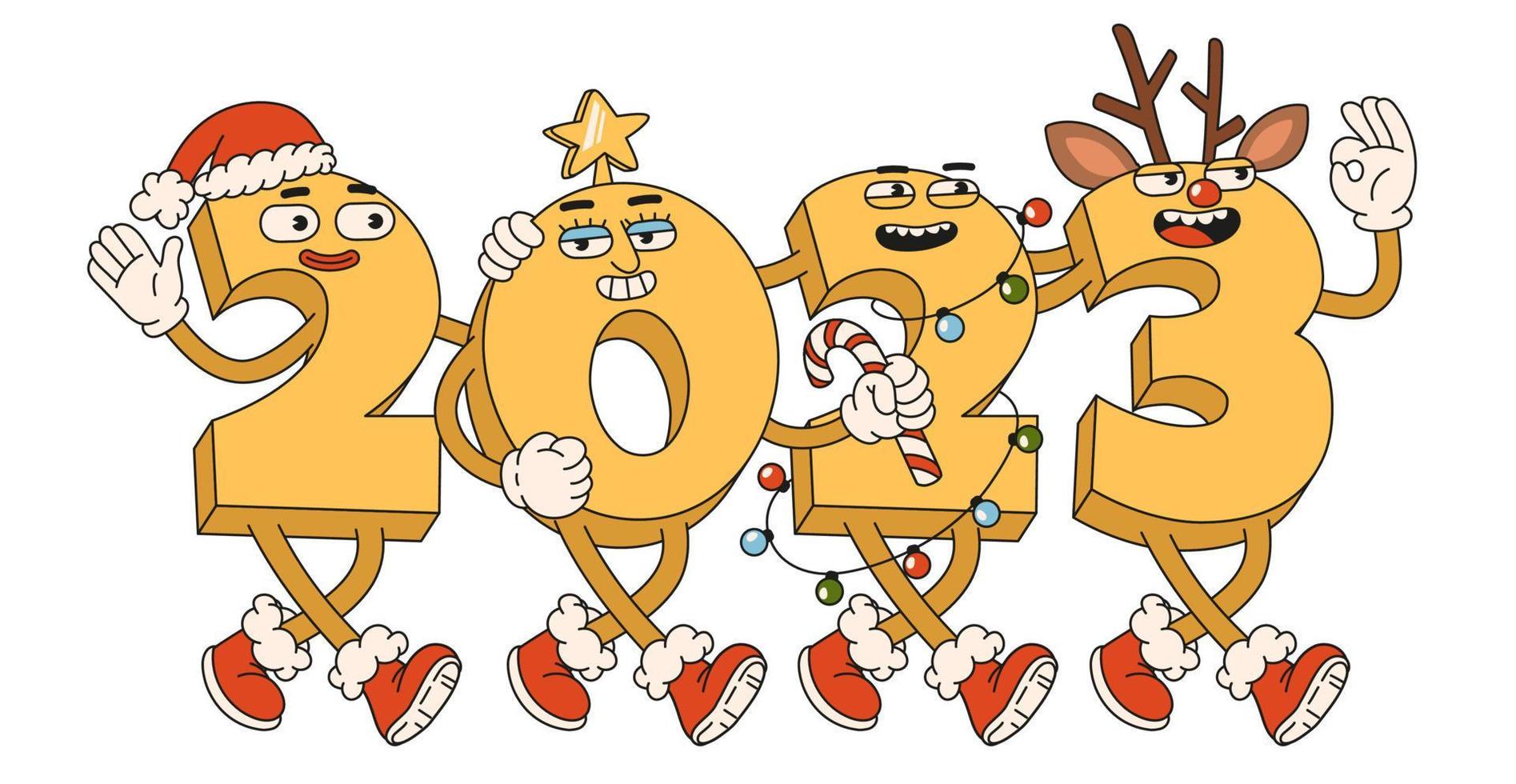 Happy New Year 2023. Numbers 2023 with Santa Claus hat, reindeerdeer antlers, star and garland. vector