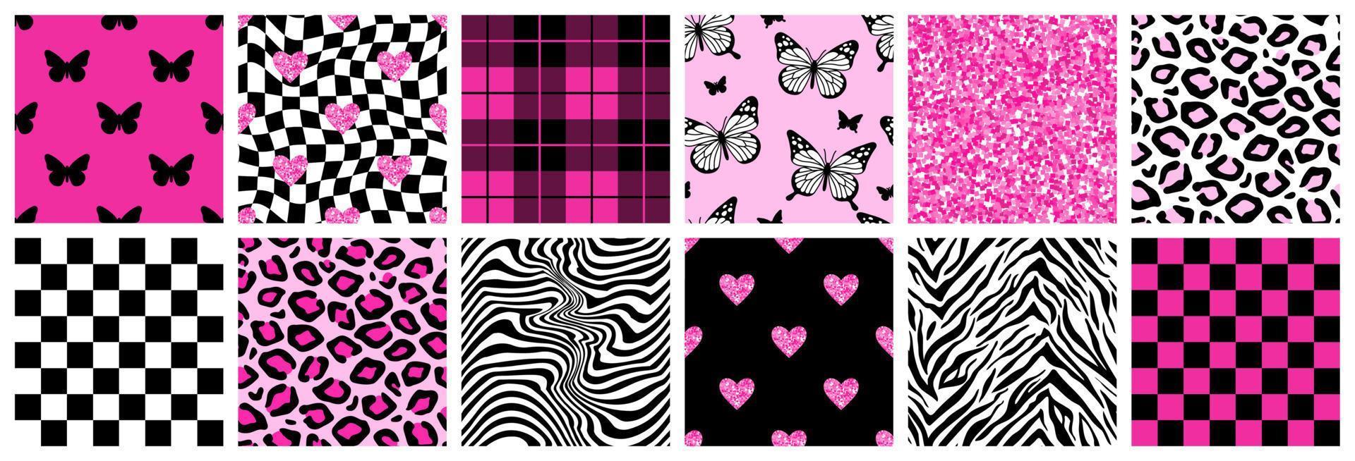 Y2k glamour pink seamless patterns. Backgrounds in trendy emo goth