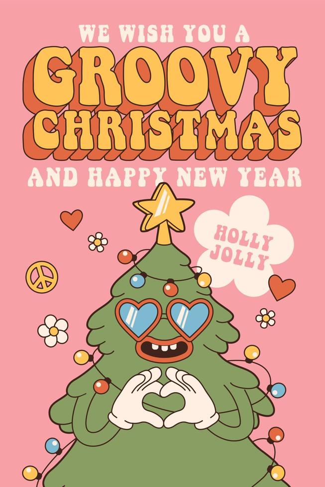 Groovy hippie merry Christmas and Happy New year. Christmas tree in trendy retro cartoon style. vector