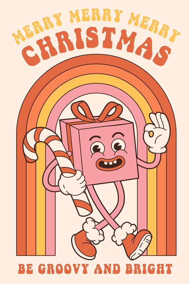 Groovy hippie merry Christmas and Happy New year. Gift, rainbow, candy in trendy retro cartoon style. vector
