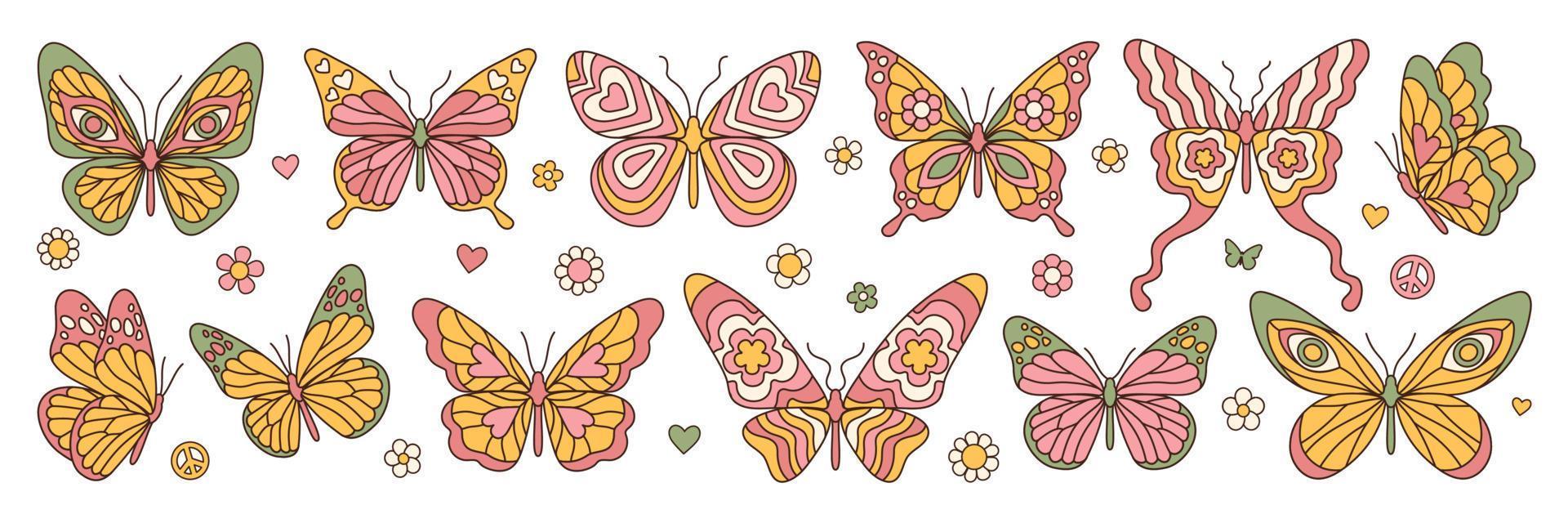 Groovy butterfly, daisy, flower stickers. Hippie 60s 70s elements. Floral romantic sign and symbols. vector