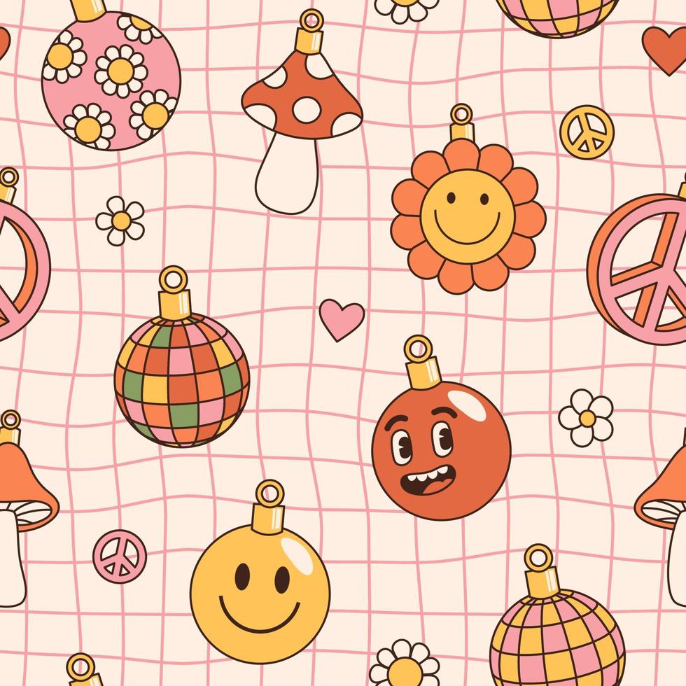 Groovy hippie Christmas seamless pattern. Smile, peace, wave, disco ball, mushroom. vector