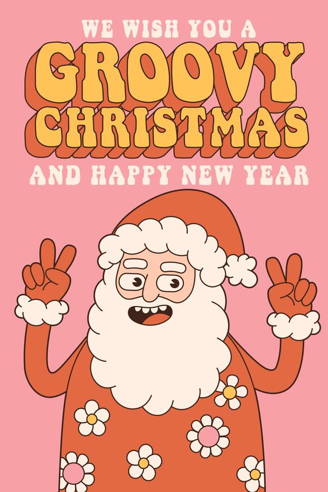 maravilloso hippie feliz navidad y próspero año nuevo. santa claus en estilo de dibujos animados retro de moda. vector