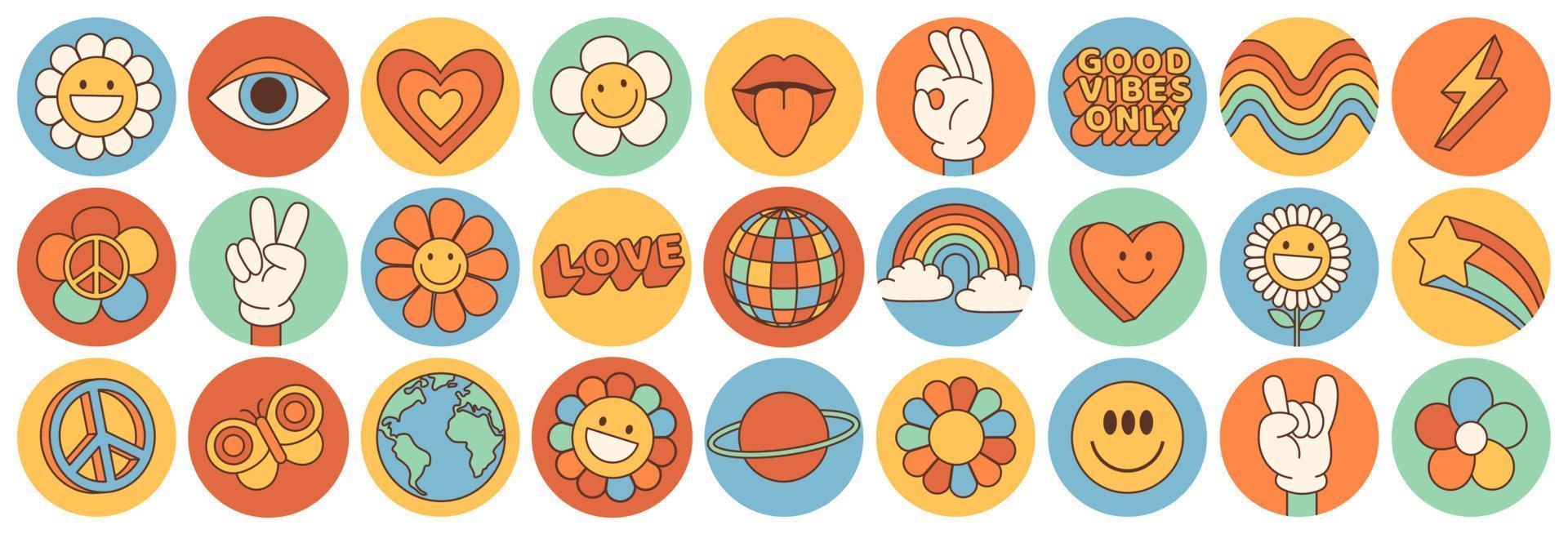 Retro 70s hippie psychedelic groovy elements set. Hand drawn funky  mushrooms, flowers, musical instruments, vintage hippy style collection.  Decorative disco lamp, heart, cherries. Vector illustration. 7320119 Vector  Art at Vecteezy