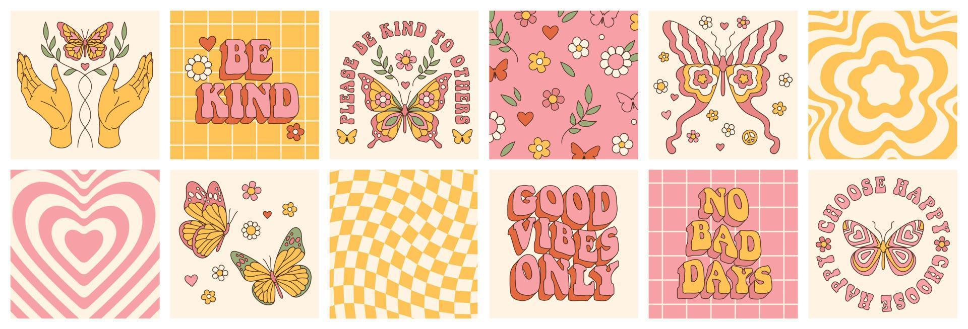 Groovy butterfly, daisy, flower. Hippie 60s 70s posters. Floral romantic backgrounds in retro style. vector