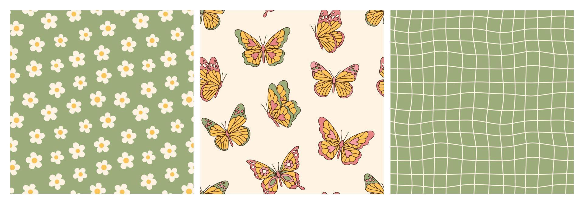 Groovy butterfly, daisy, flower, waves, chessboard. Hippie 60s 70s seamless patterns. vector