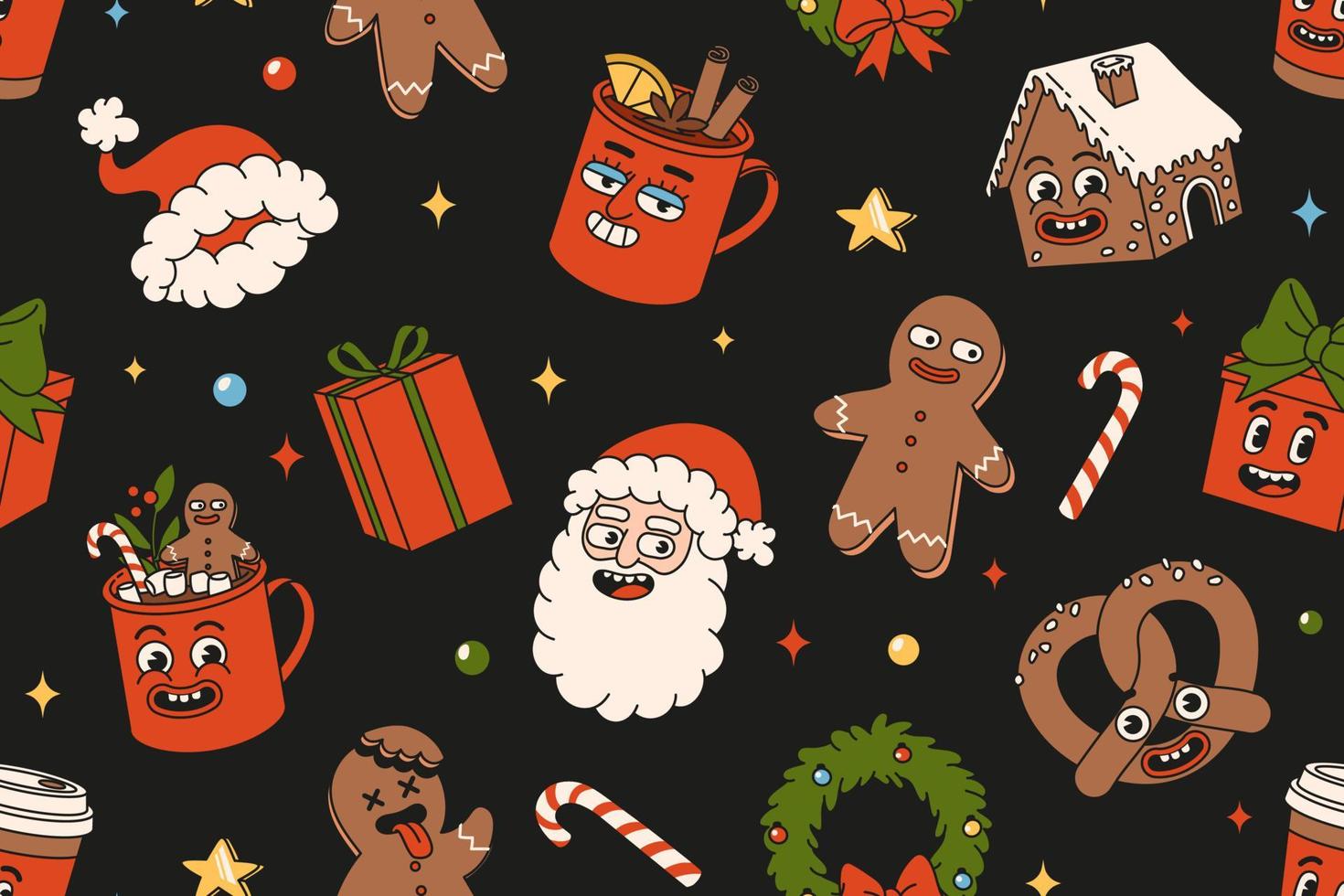 Merry Christmas and Happy New year seamless pattern. Santa Claus, gifts, cocoa, coffee, gingerbread. vector