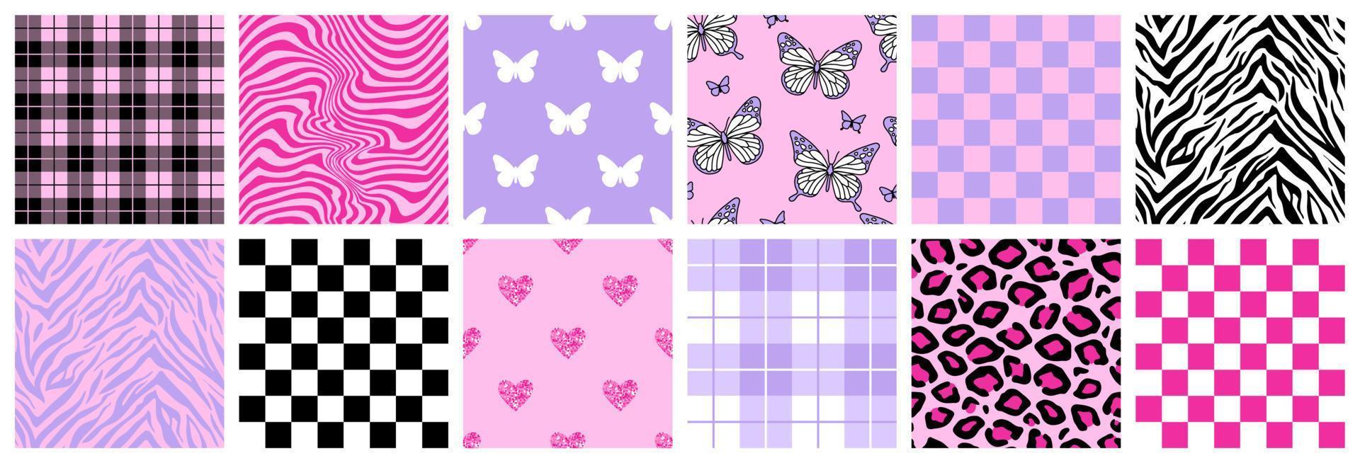 Y2k glamour pink seamless patterns. Backgrounds in trendy emo goth 2000s style. vector